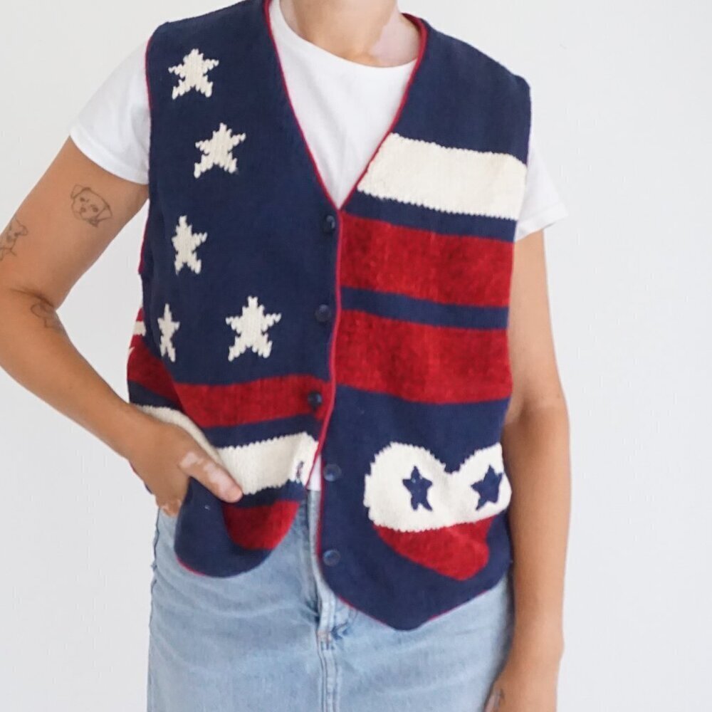 VTG Marsh Landing Patriotic Knit Sweater Vest Stars Stripes Americana Holiday S